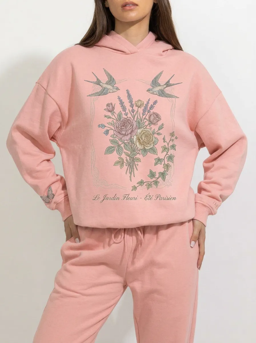 Women's French Floral Swallow Botanical Printed Hoodie