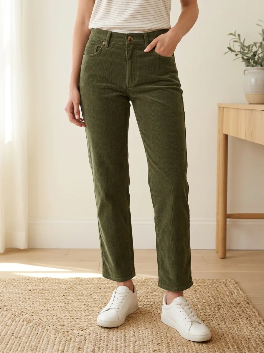 Women's Straight-Leg Mid-Rise Five-Pocket Back-Pocket Belt-Loop Corduroy Pants