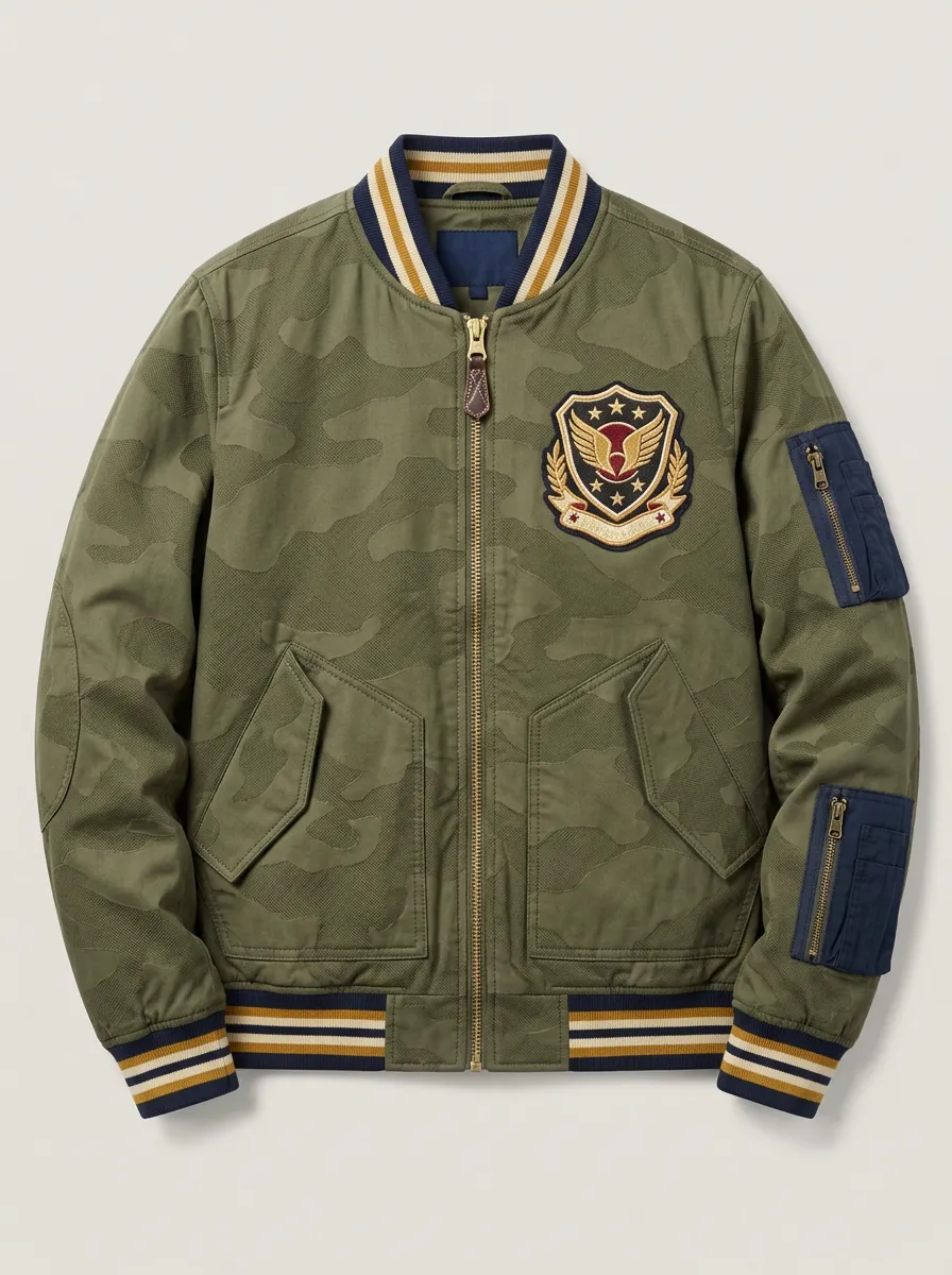 Men's Military Style Camo Wing Emblem Embroidered Bomber Jacket