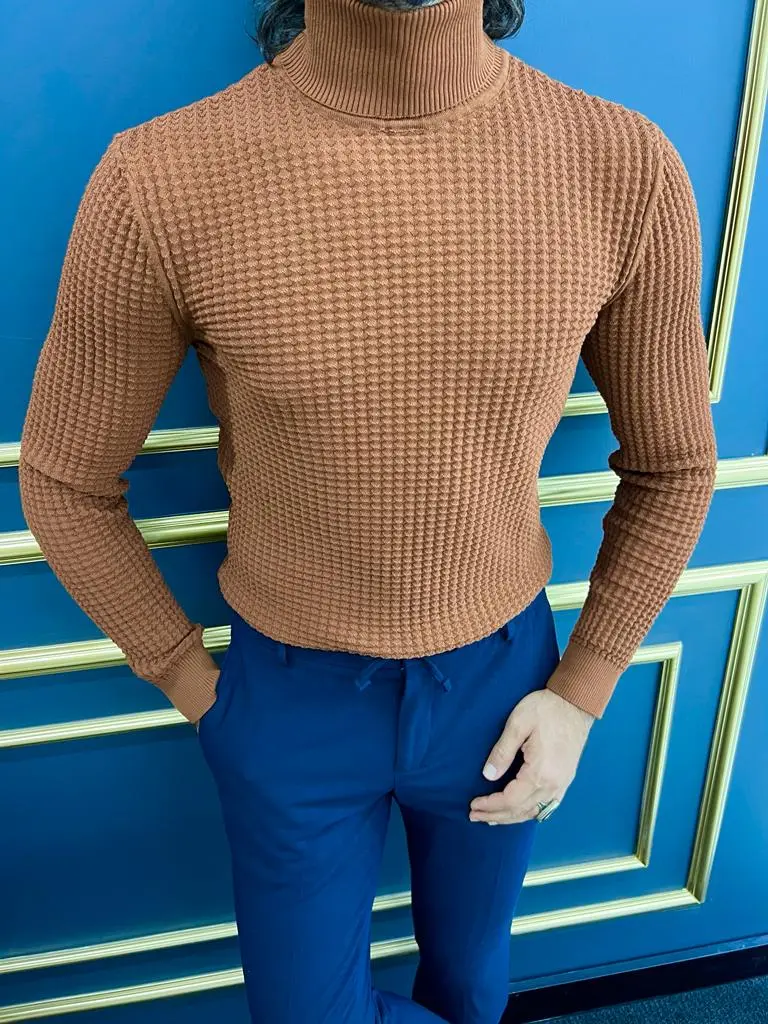 Modern Slim Fit Textured Cotton Turtleneck Sweater