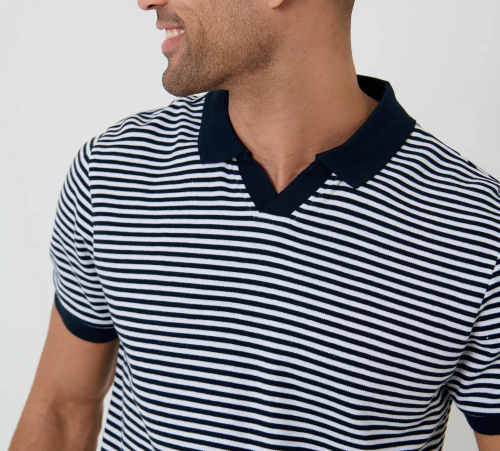 Men's Navy & White Stripe Open-Collar Polo Shirt