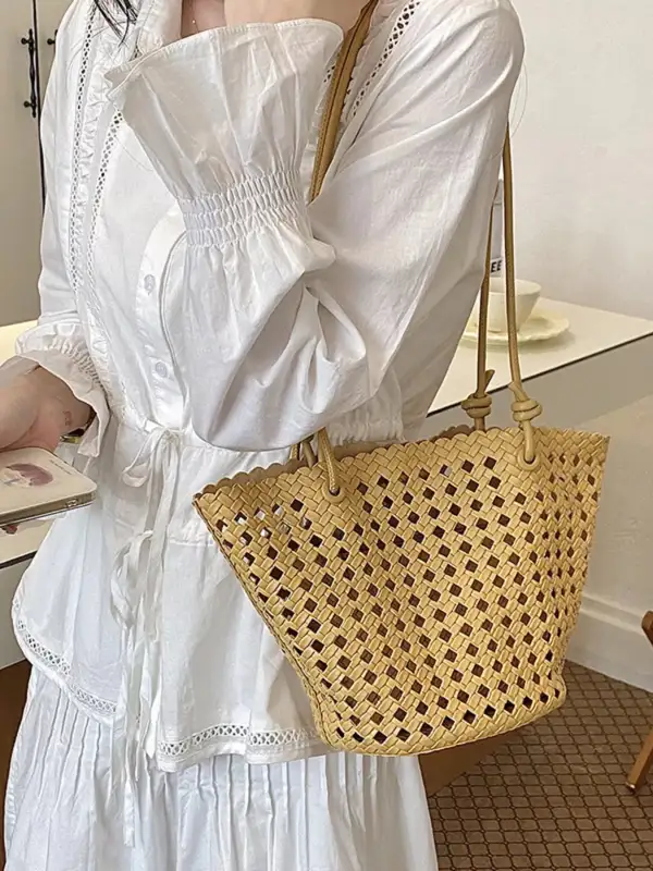 Women's Structured Woven Leather-Look Shoulder Bag