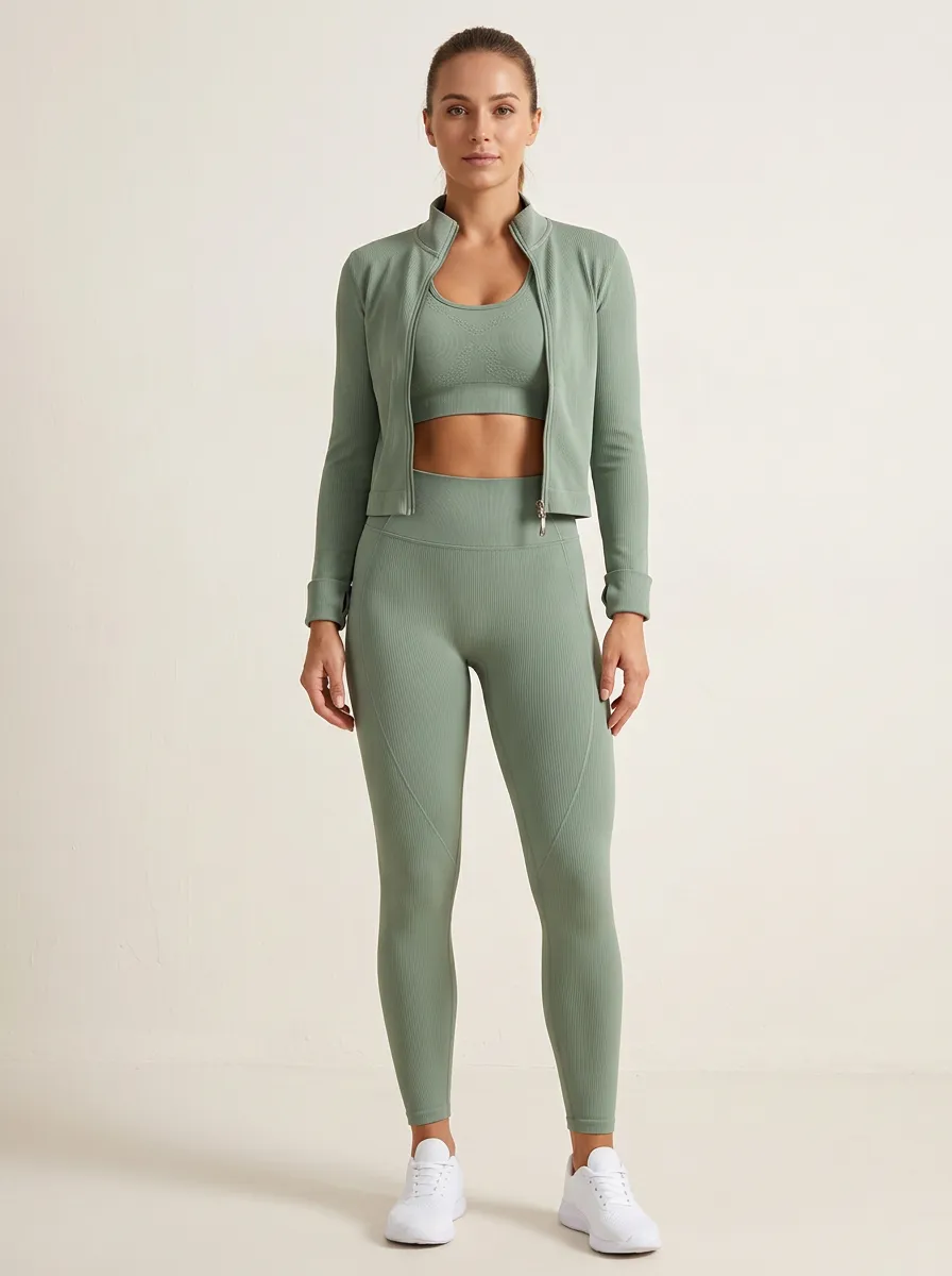 Utility Ribbed Texture Seamless Design Edit Women's Three Piece Activewear Set