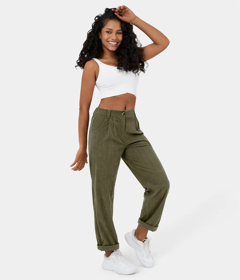 Mid Rise Button Zipper Side Pocket Corduroy Casual Pants