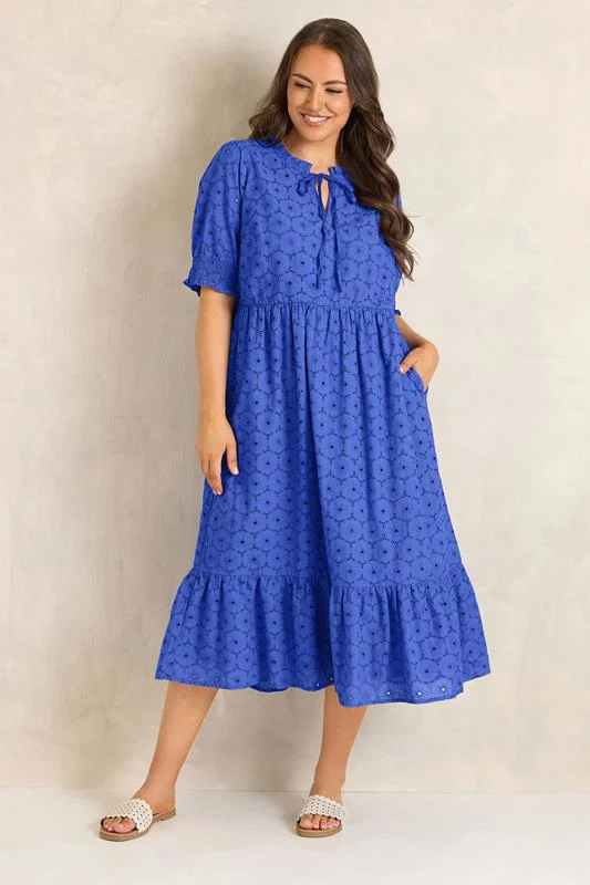 Blue Tie Neck Broderie Cotton Maxi Dress detail 1