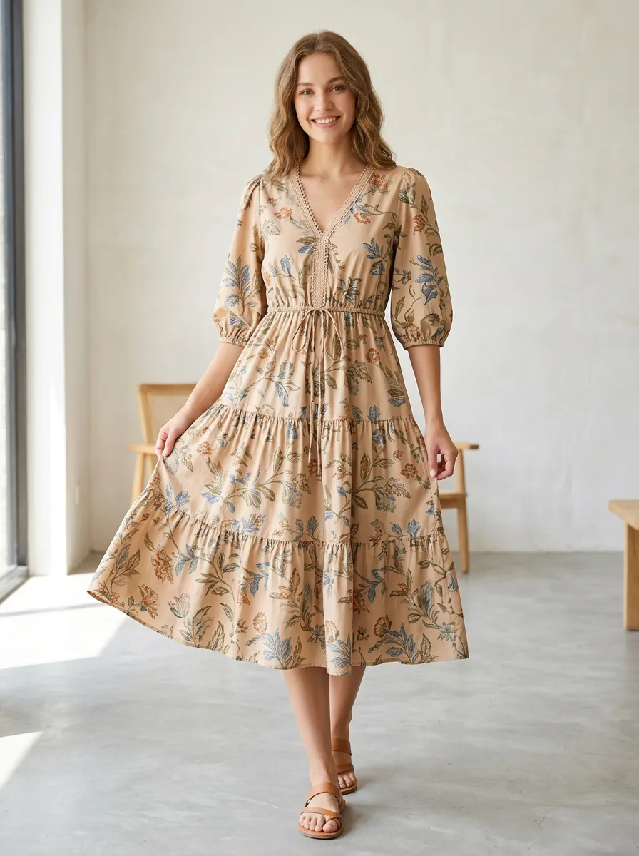 Women's Visual Botanical Floral Printed Midi Dress