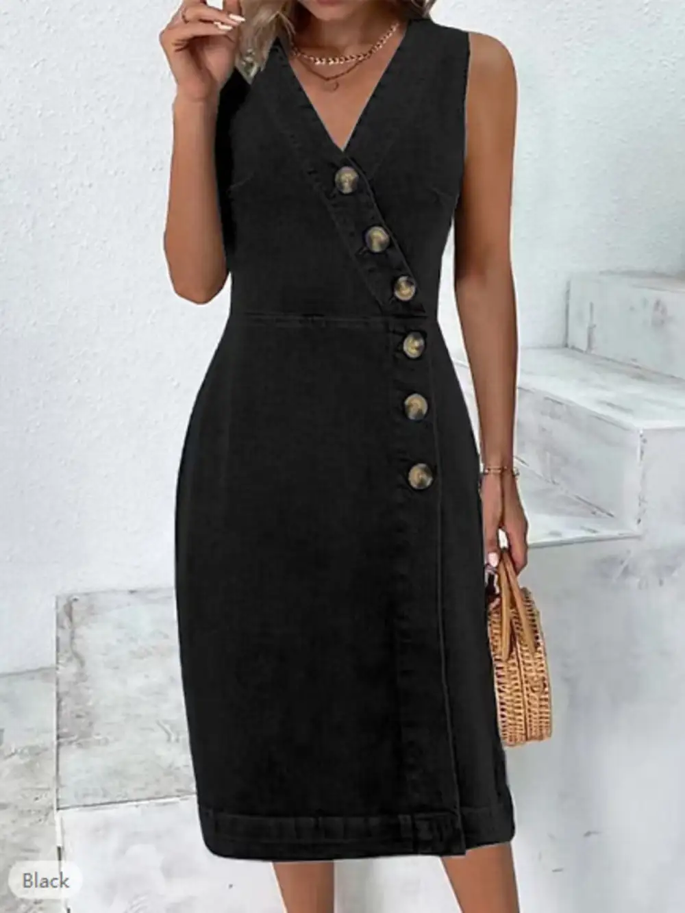 Relaxed Shape Denim Button Front Sleeveless Dress