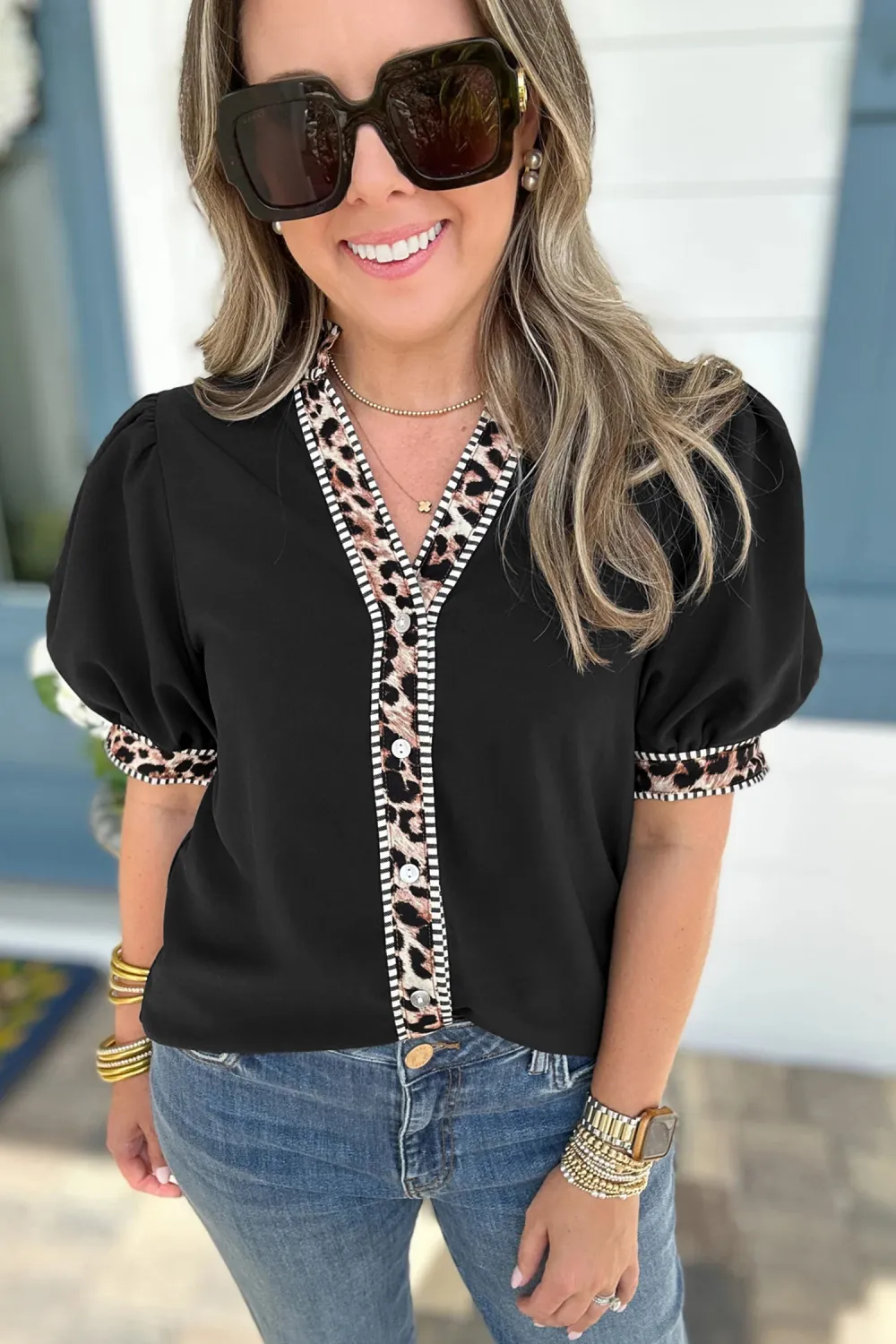 Black V Neck Short Puff Shirt
