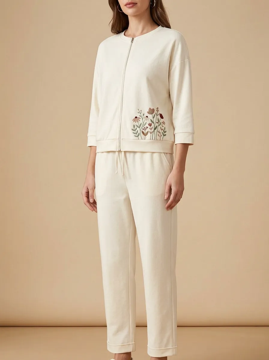 Women's Floral Embroidered Zip-Up Jacket And Straight-Leg Trouser Lounge Set
