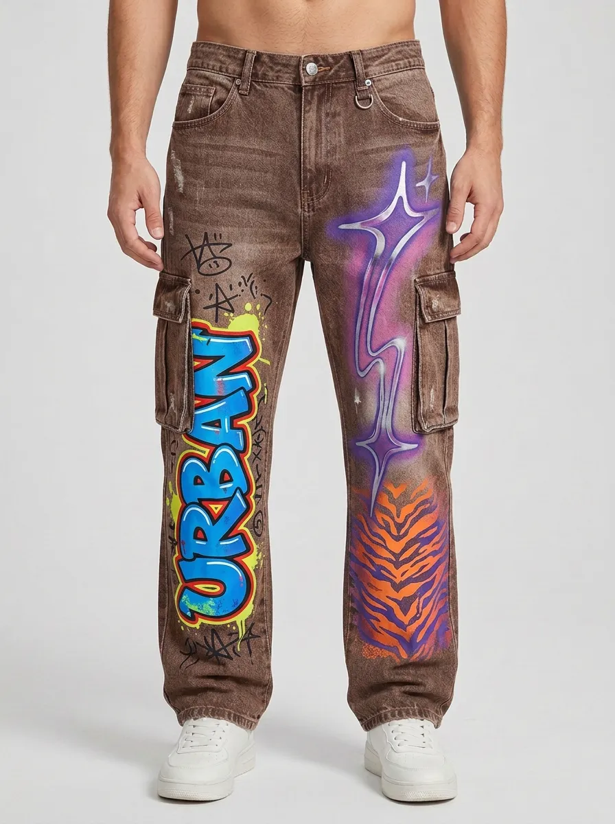 Men's Streetwear Urban Graffiti Tiger Print Graphic Cargo Jeans