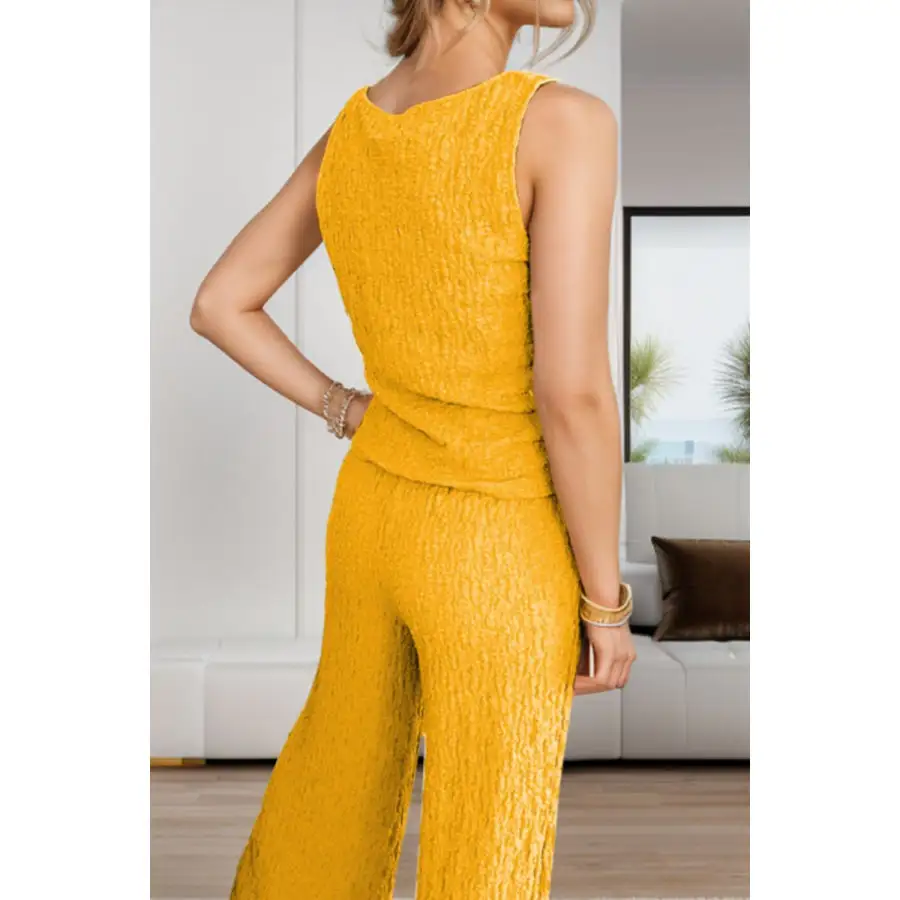 Textured Round Neck Top and Wide Leg Pants Set