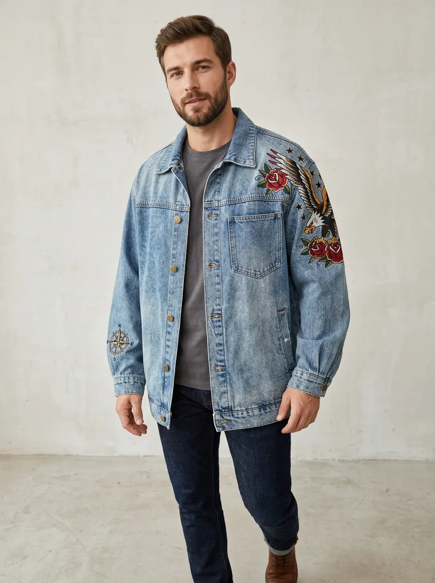 Men's Compass Printed Denim Jacket