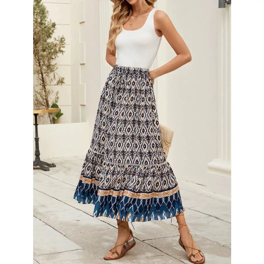 Bohemian Printed Ruched Maxi Skirt