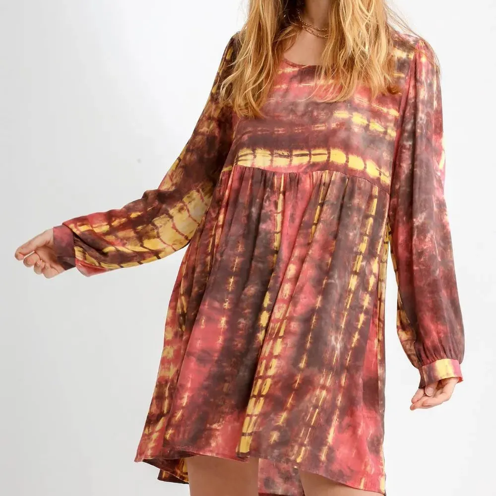 Tie Dye Long Sleeve Babydoll Dress with Keyhole