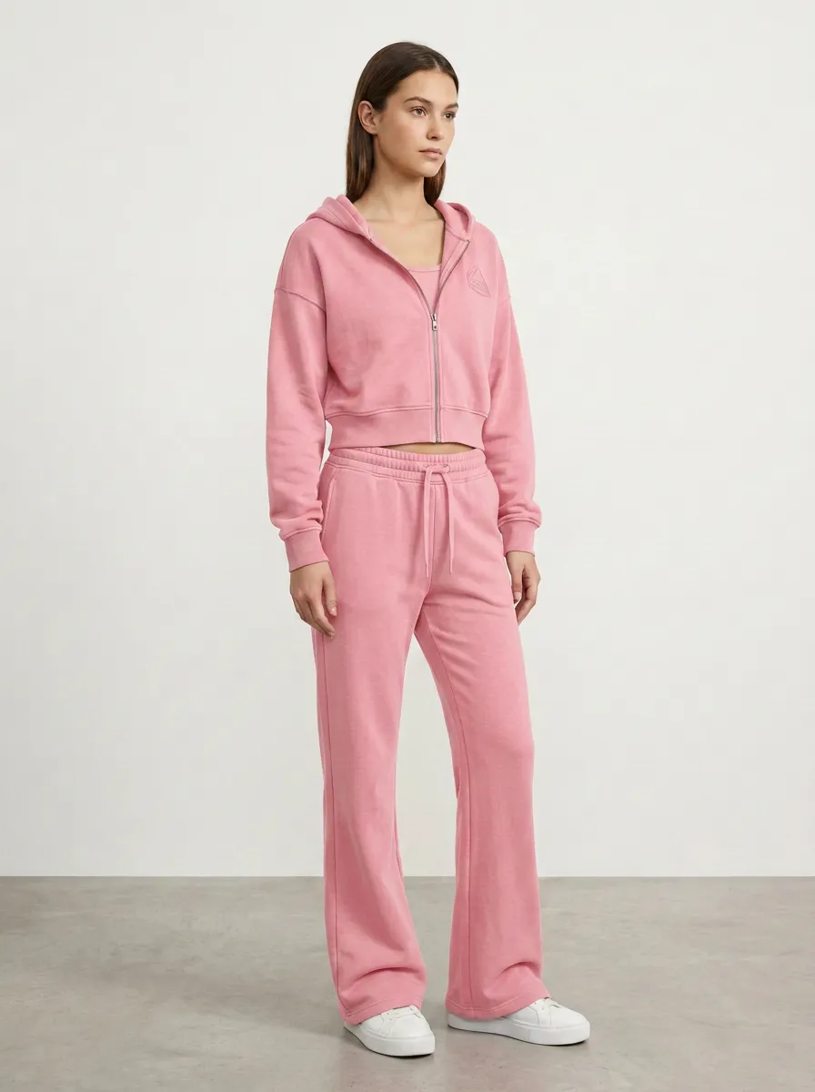 Women's Minimal Sport Inspired Cropped Hooded Jacket and Flare Pants Active Set