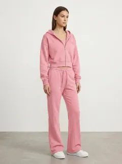 Women's Minimal Sport Inspired Cropped Hooded Jacket and Flare Pants Active Set