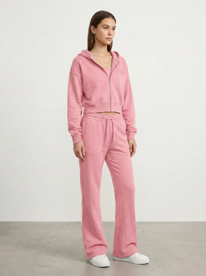 Women's Minimal Sport Inspired Cropped Hooded Jacket and Flare Pants Active Set