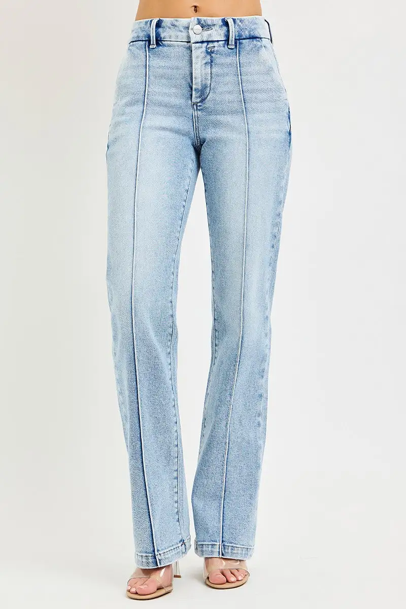 High Rise Pintuck Straight Leg Jeans