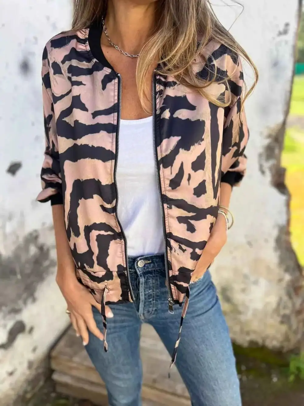 Plus Size Zip-Up Zebra Printed Bomber Jacket