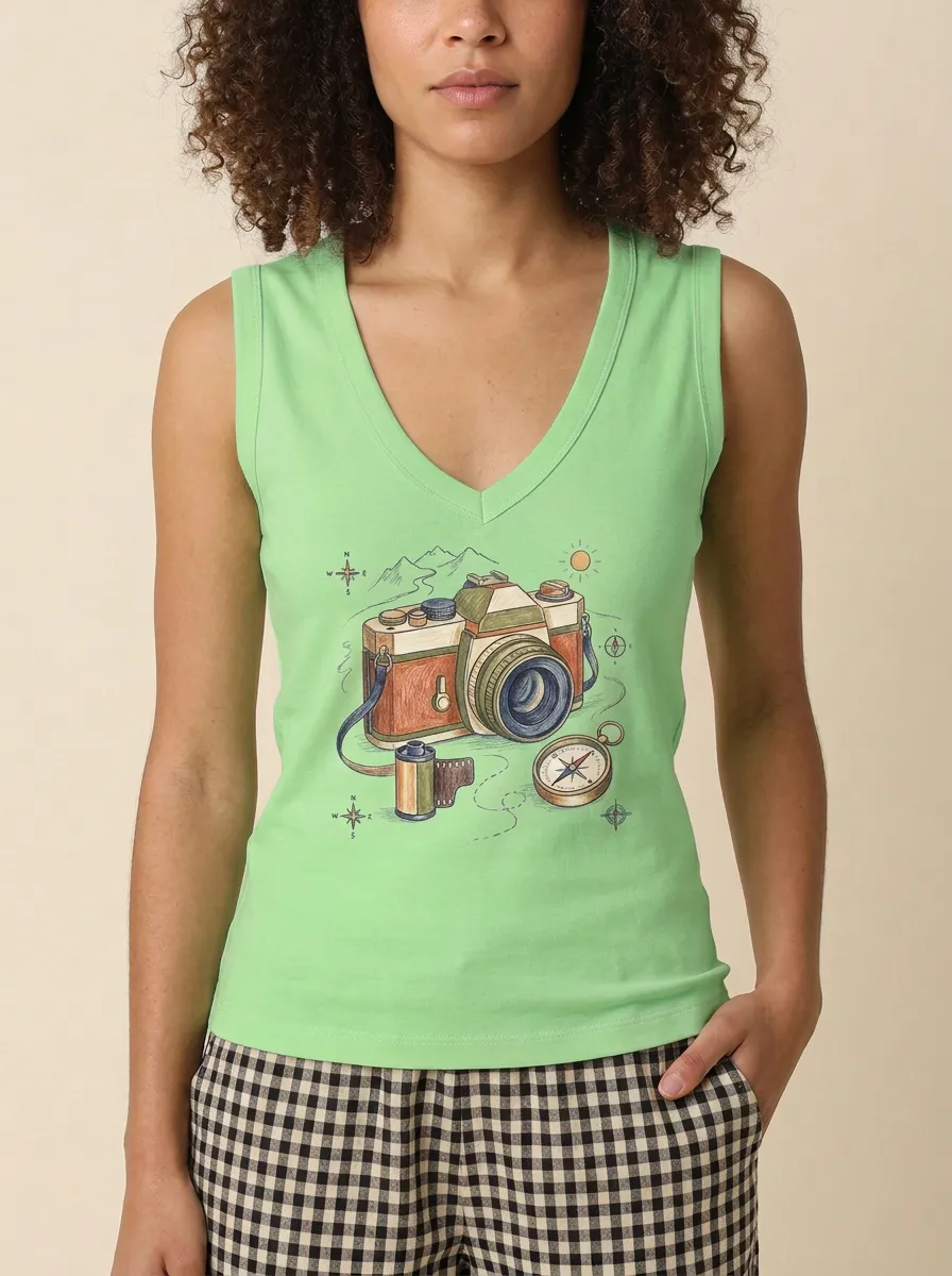 Women's Travel Photography-Inspired Camera Compass Printed Tank Top