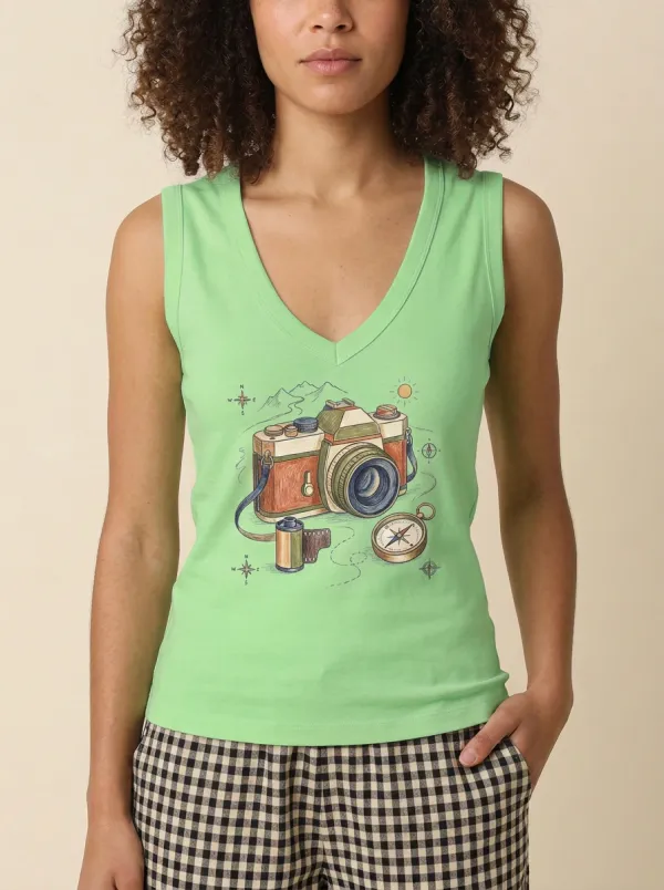 Women's Travel Photography-Inspired Camera Compass Printed Tank Top