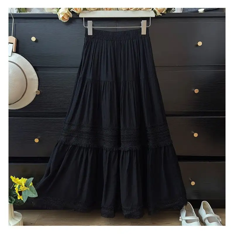 Relaxed High Waist Pleated Hollow Out Fringe Skirt
