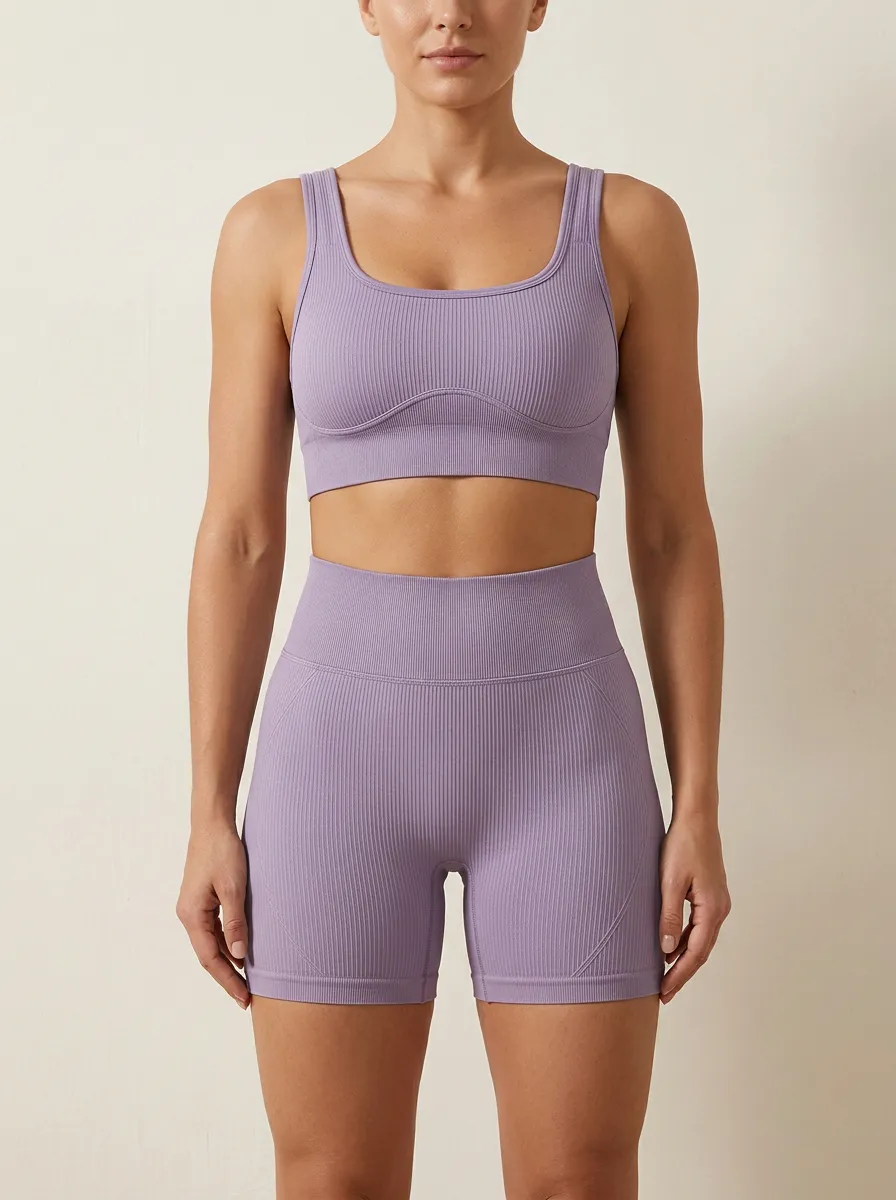 Contemporary Ribbed Texture Seamless Design Training Look Women's Tank Top And Sports Shorts Set