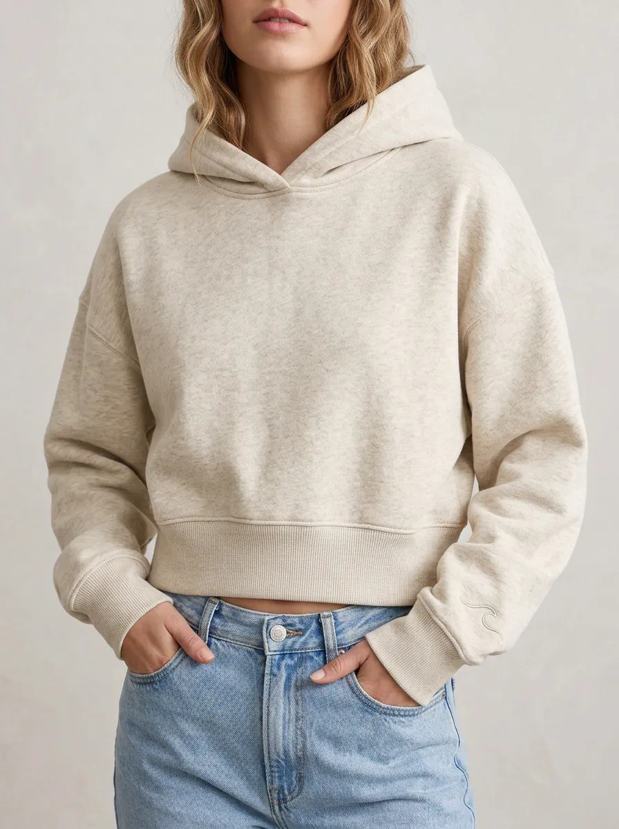 Women's Minimalist Solid Beige Plain Cropped Hoodie