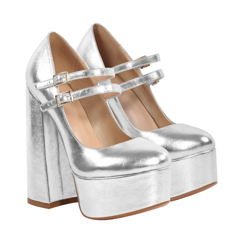 Round Toe Platform Chunky Heel Buckle Strap Pumps
