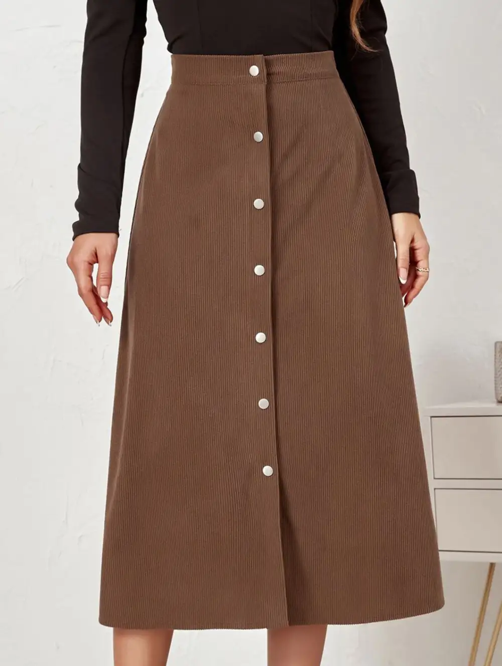 Corduroy Button Front Midi Skirt