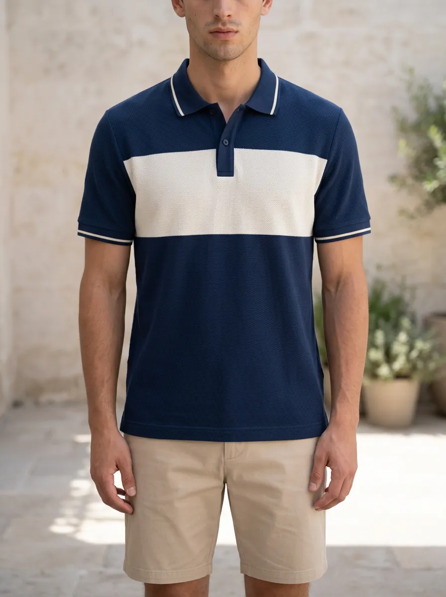 Men's Casual Navy White Colorblock Striped Polo Shirt