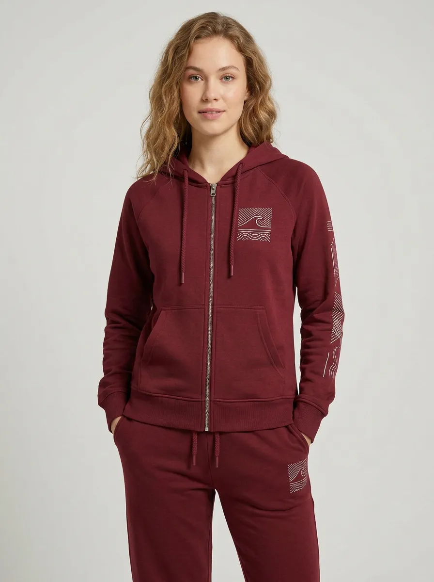 Women's Sage Green Ocean Wave Graphic Zip-Up Hoodie Jacket & Wide-Leg Pants Set