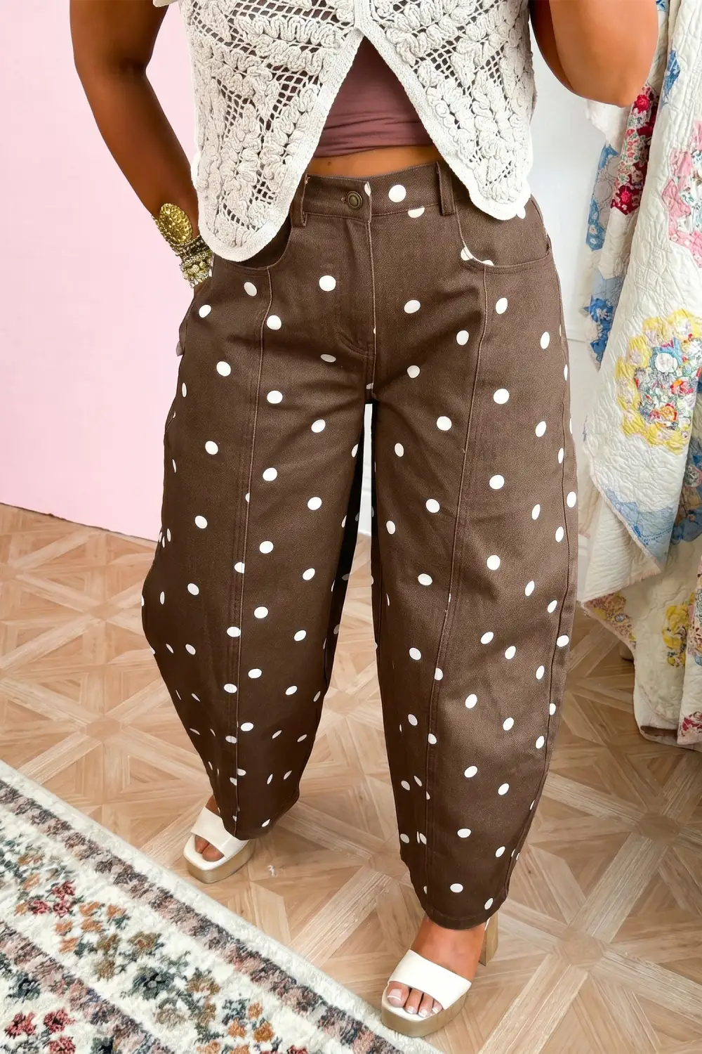 Polka Dot Relaxed Fit Barrel Leg Cropped Casual Jeans