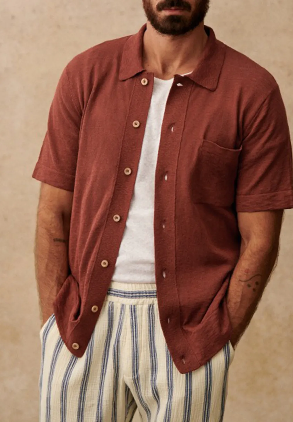 Burgundy Patch Pocket Short Sleeve Camp Shirt