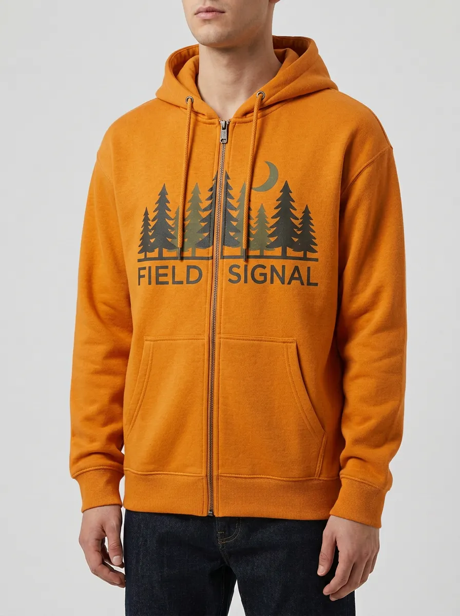 Men's Nature Outdoor Field Signal Pine Tree Moon Printed Zip Hoodie