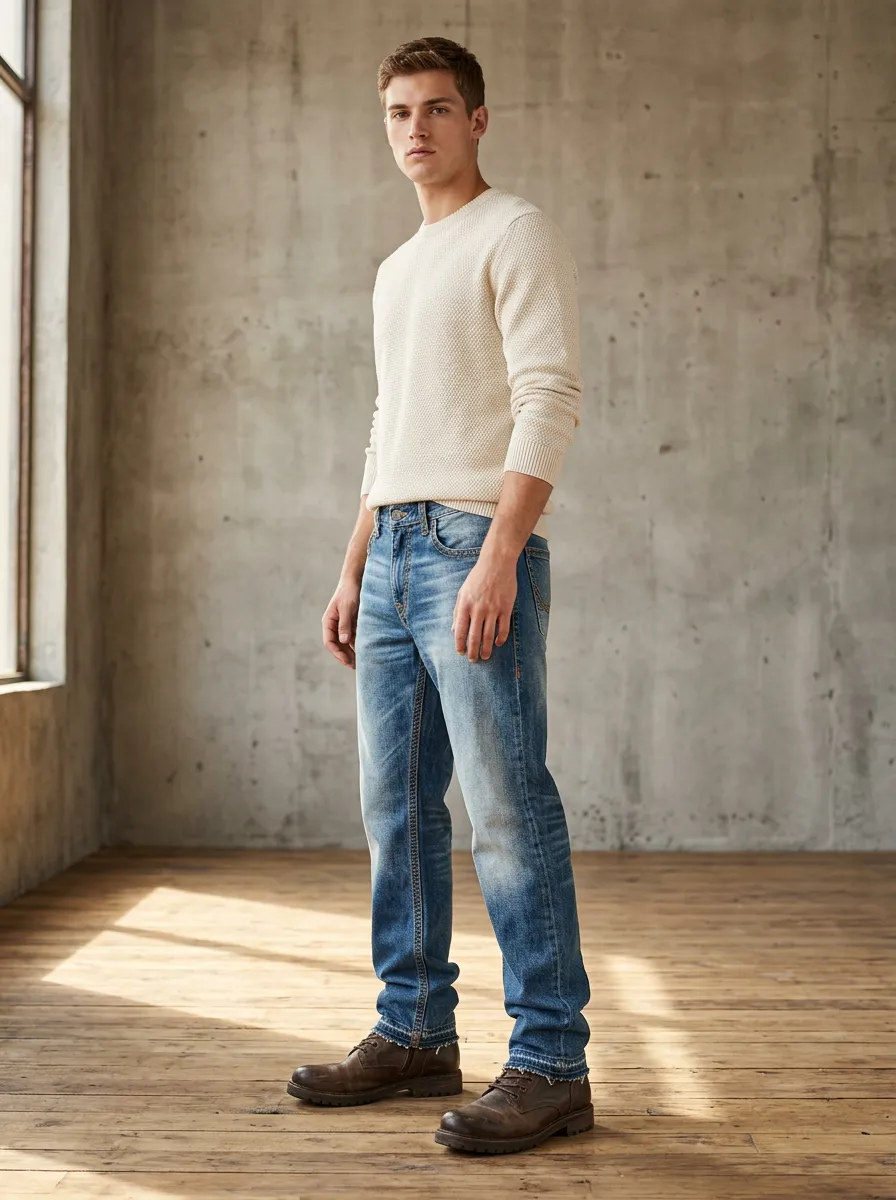 Men's Casual Vintage Wash Frayed Hem Denim Jeans