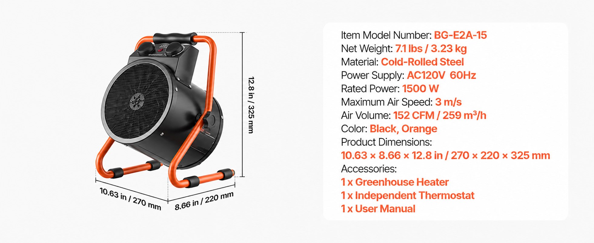 Portable heater dimensions, electrical details and accessories
