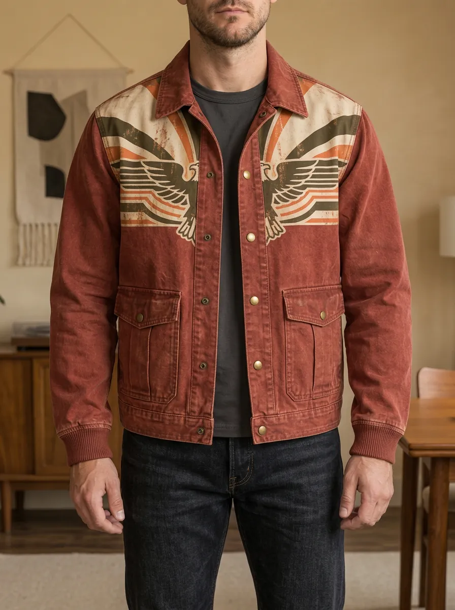 Men's Vintage Eagle Graphic Printed Canvas Jacket