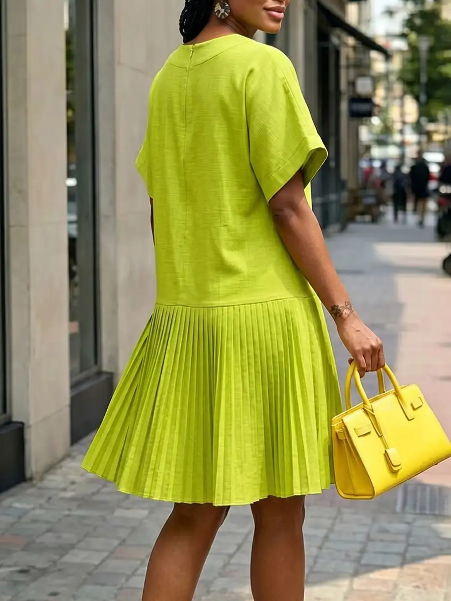 Relaxed Short Sleeve Pleated Solid Color Split Joint Round Neck Mini