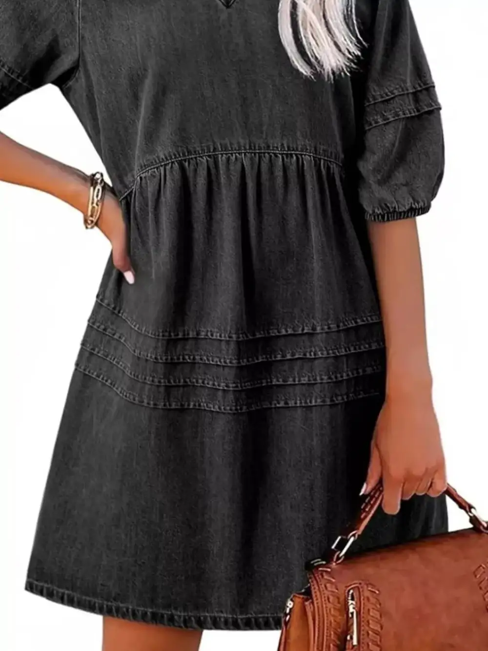 Denim V Neck Puff Sleeve Mini Dress