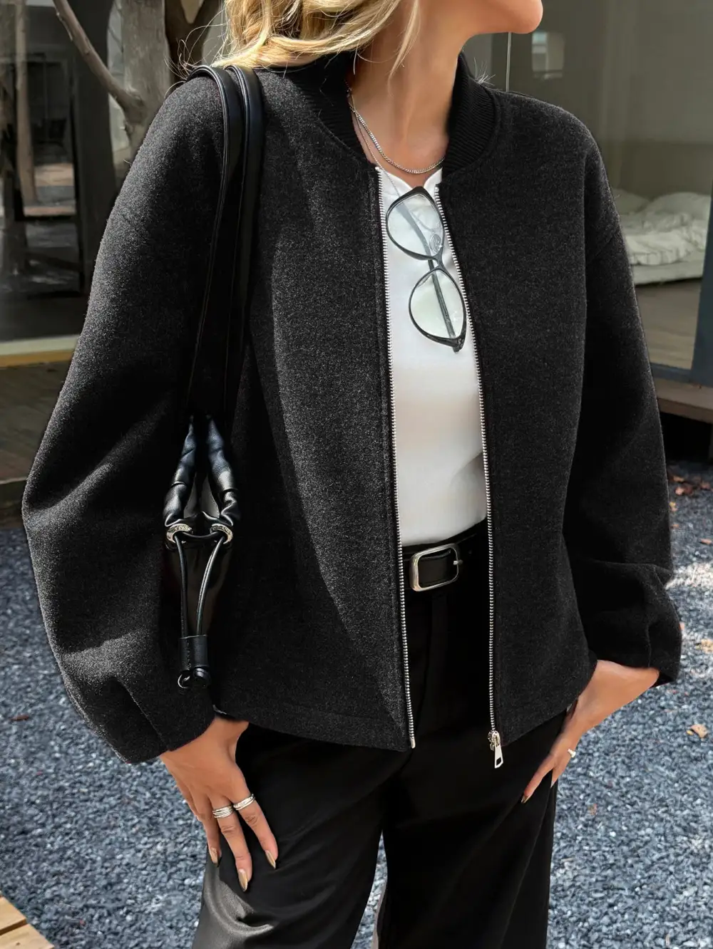 Oversized Relaxed Stand Collar Zip Front Bomber Jacket