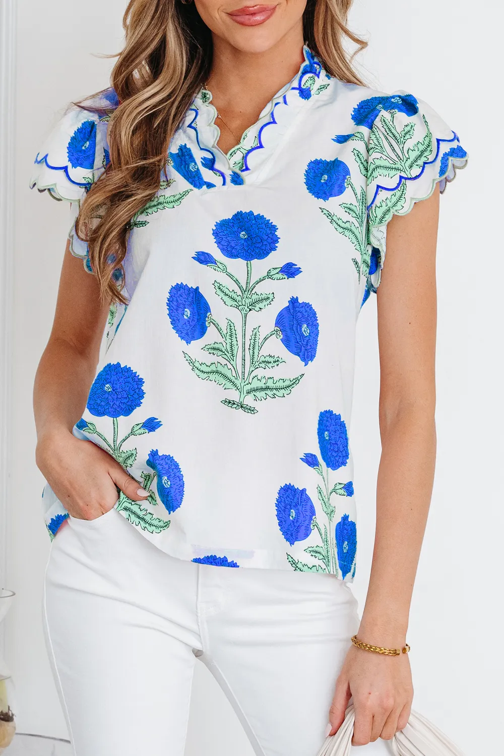 Blue Wild Flower Print Contrast Blouse