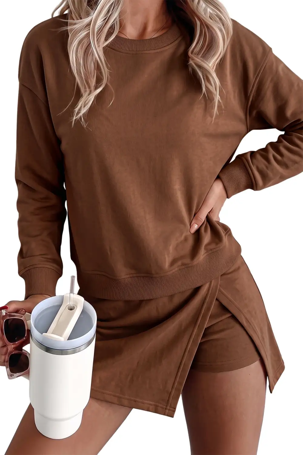 Women's Solid Color Long Sleeve Top Split Skort Two Piece Outfit