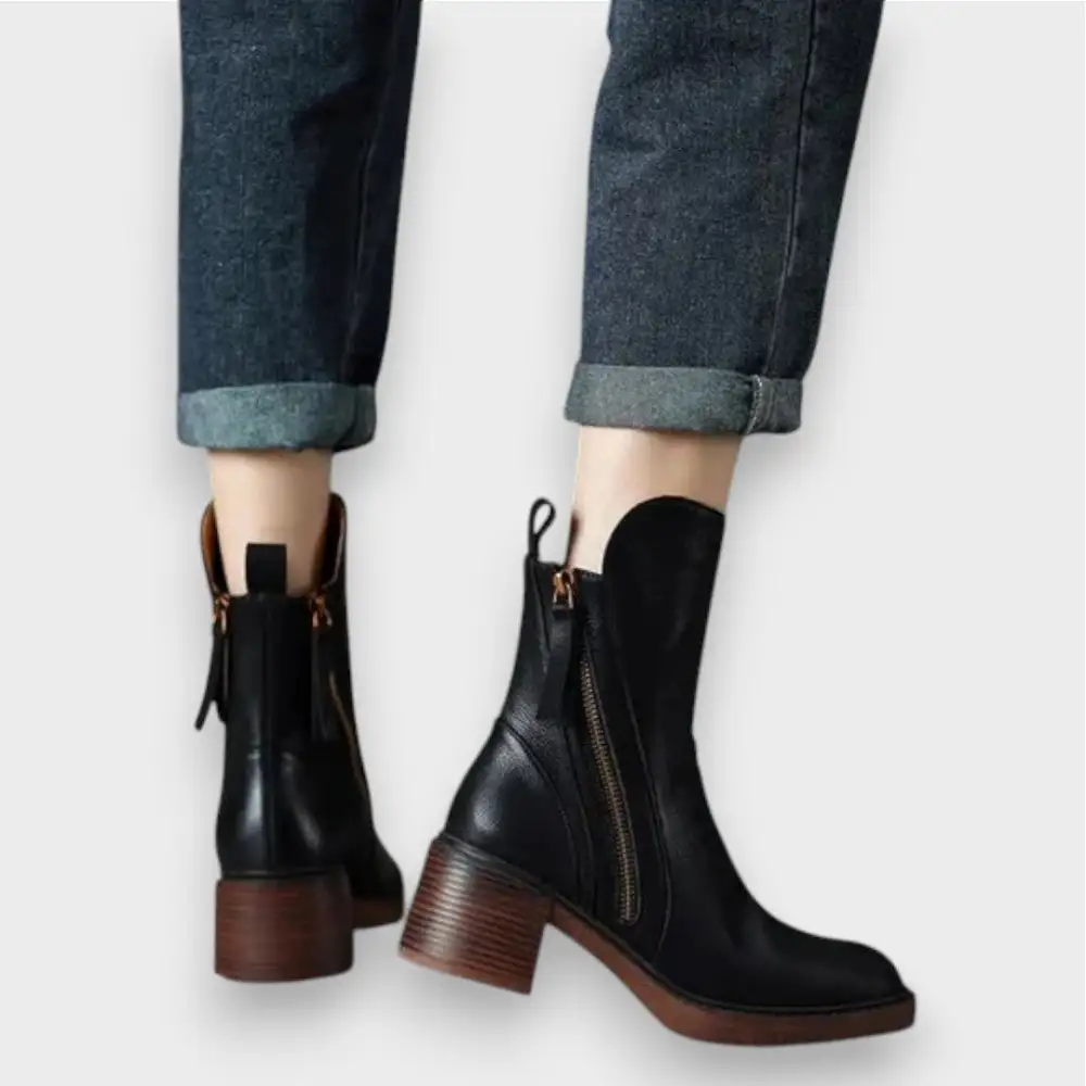 Leather Block Heel Ankle Ankle Boots
