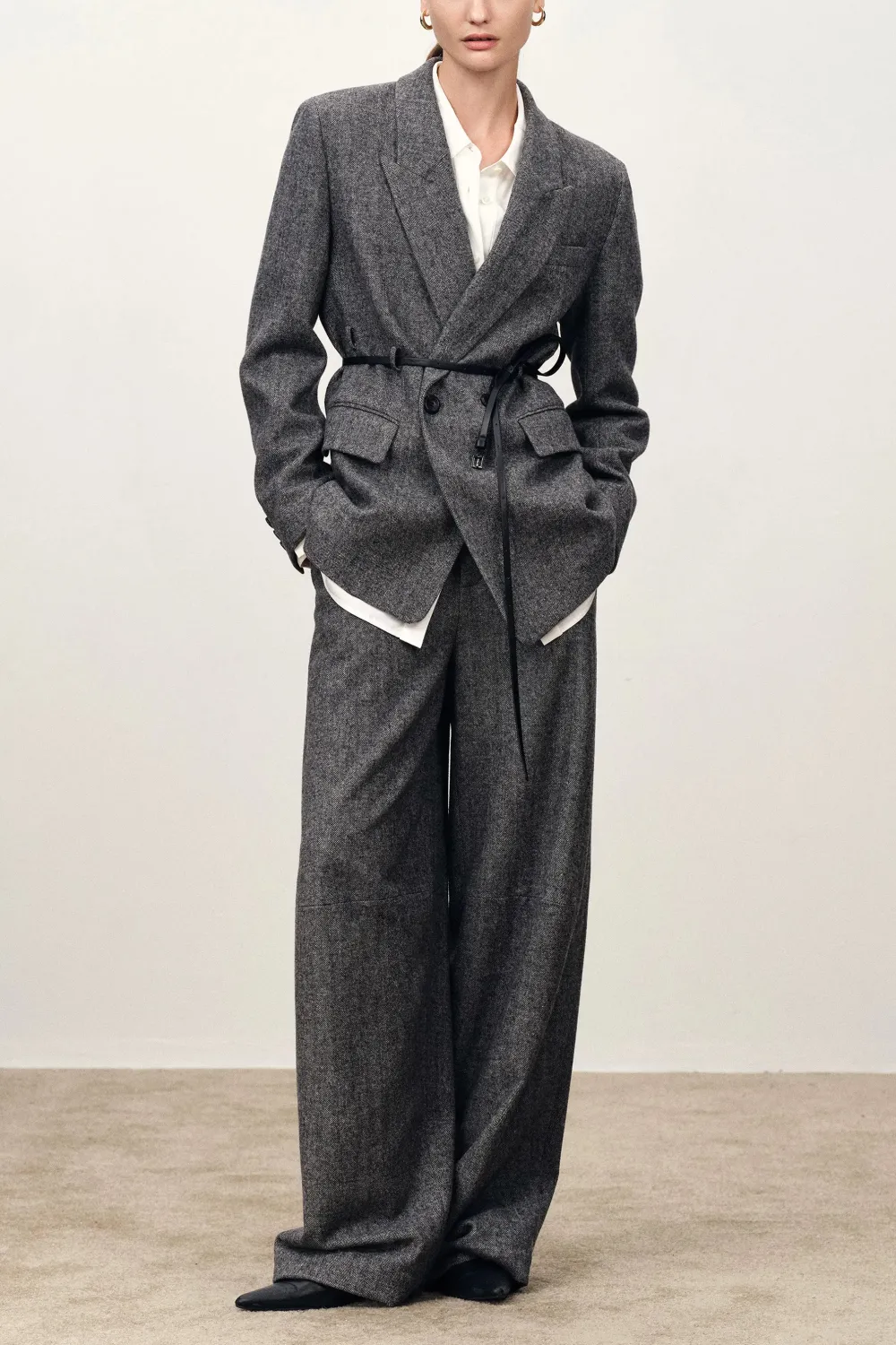 Asymmetric Double Belt Wool Blazer