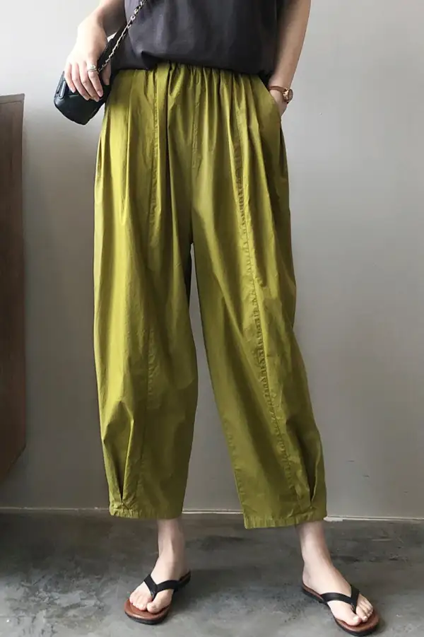 Refined Cotton Wide Leg Elastic Waist Pocketed Trousers