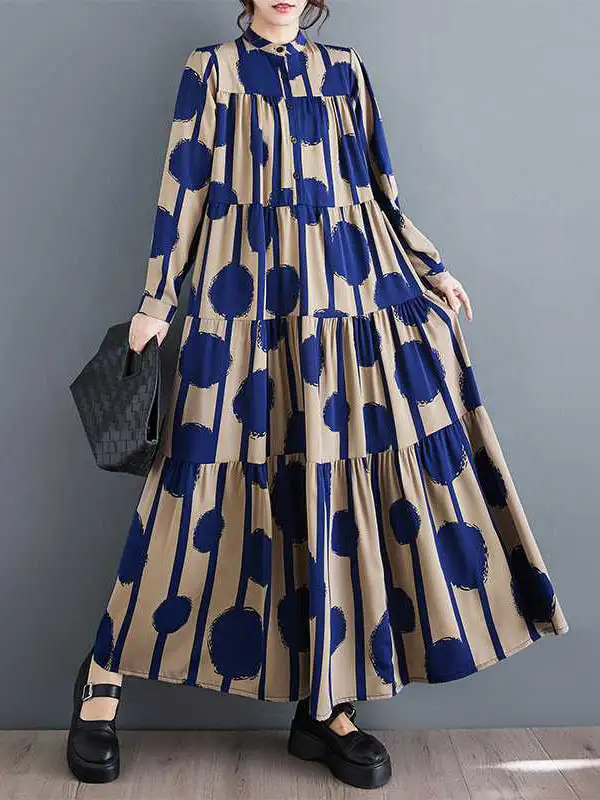 Pleated Polka Dot Buttoned Long Shirt Maxi