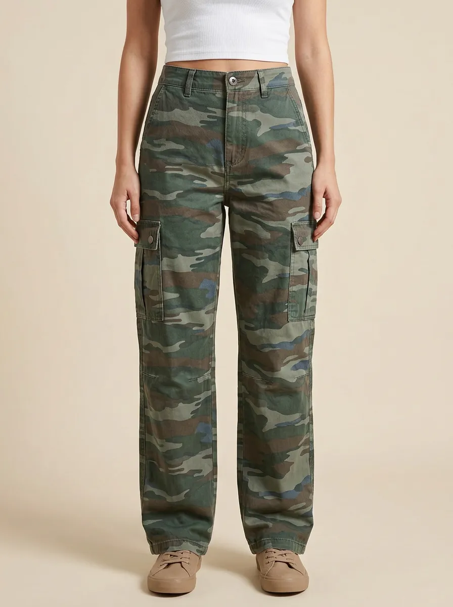 Women's Camouflage High-Rise Straight-Leg Cargo Pants