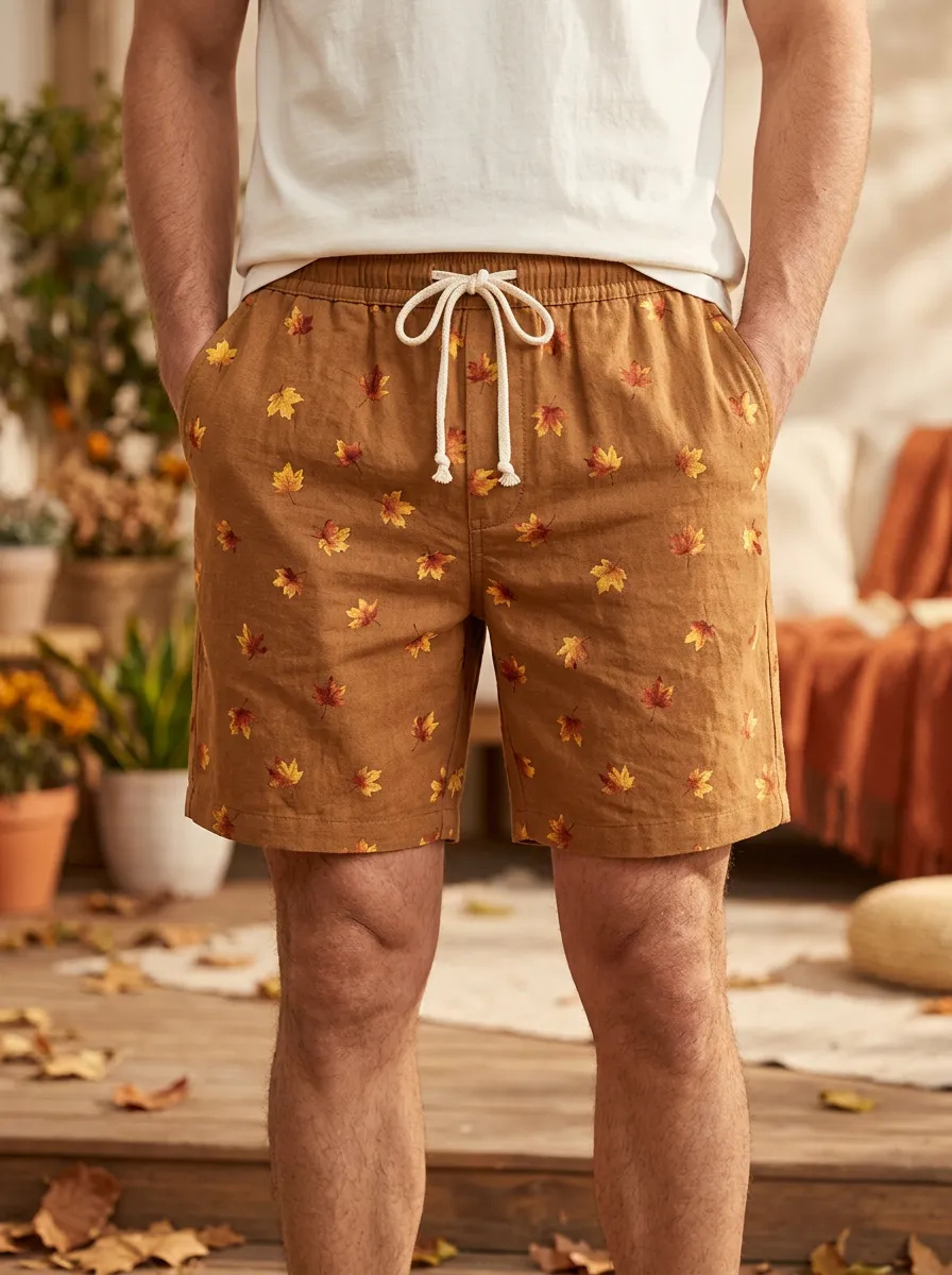 Maple Leaf Print Drawstring Braided Drawstring Shorts