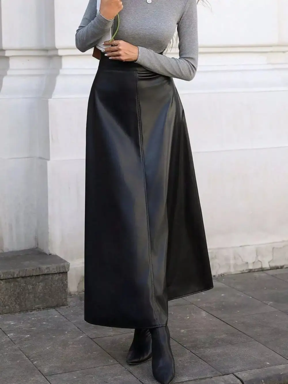 Line Faux Leather Skirt